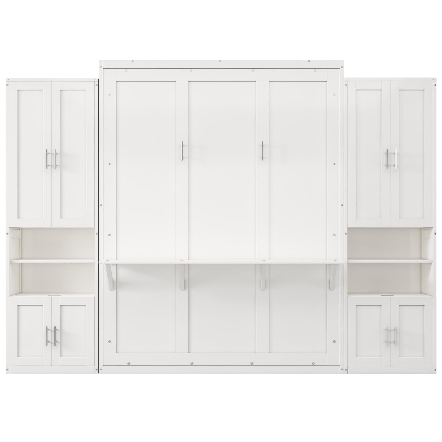 DNYN Queen Size Murphy Bed with Desk & Two Slide Storage Shelf for Small Space,Bedroom,Guest Room,Wooden Wall Bedframe w/Folding into Cabinet Design,Super Save Space & No Box Spring Needed, White