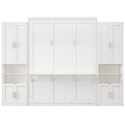 DNYN Queen Size Murphy Bed with Desk & Two Slide Storage Shelf for Small Space,Bedroom,Guest Room,Wooden Wall Bedframe w/Folding into Cabinet Design,Super Save Space & No Box Spring Needed, White