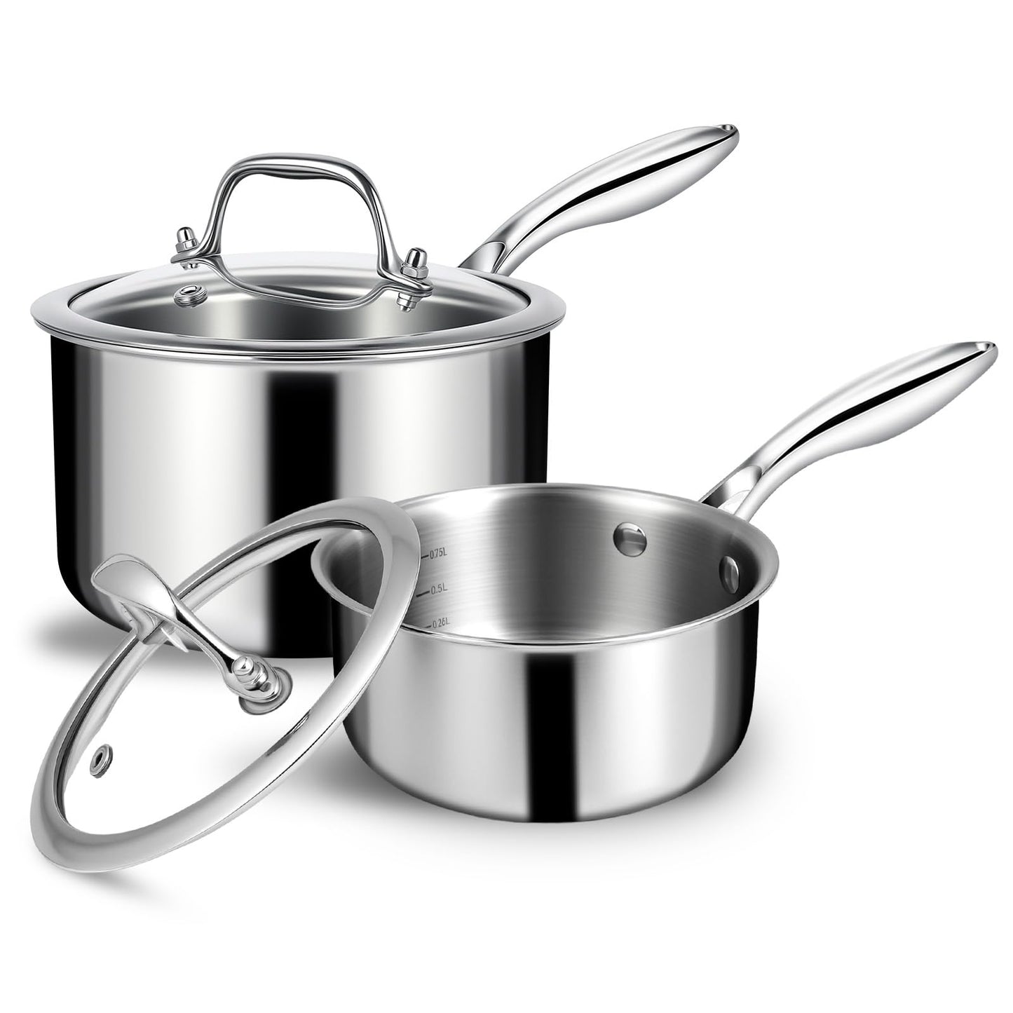 EWFEN 3 Ply Stainless Steel Sauce Pan Set with Lids, 1 & 2 Quart Multipurpose Cooking Pot, Stay-Cool Handle, Induction Oven Dishwasher Safe, 1QT & 2QT
