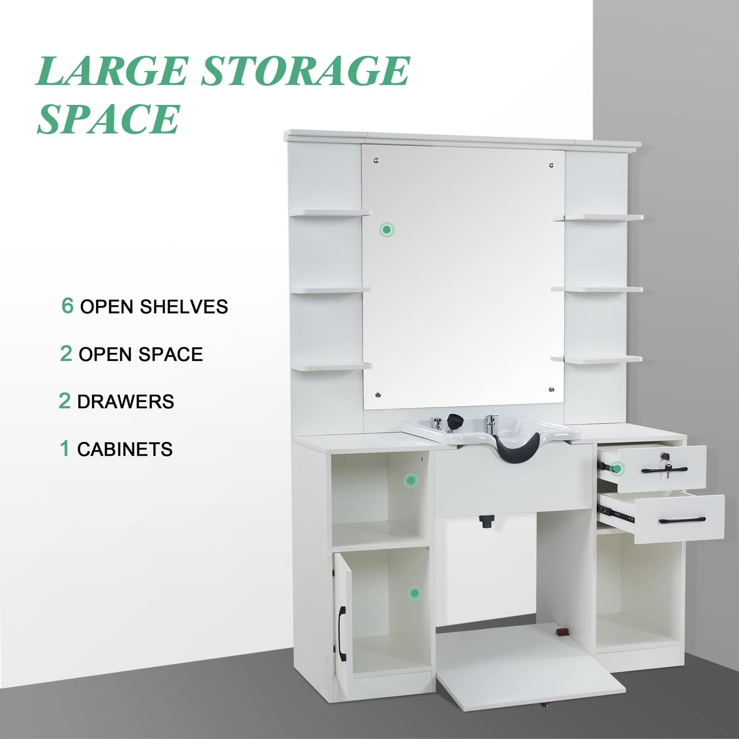 BarberPub Wall Mount Storage Station with Mirror Shampoo Bowl High-end Styling Beauty Salon Furniture Set 3145 (White)