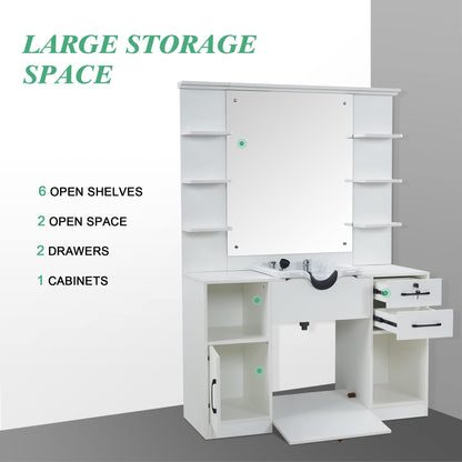 BarberPub Wall Mount Storage Station with Mirror Shampoo Bowl High-end Styling Beauty Salon Furniture Set 3145 (White)