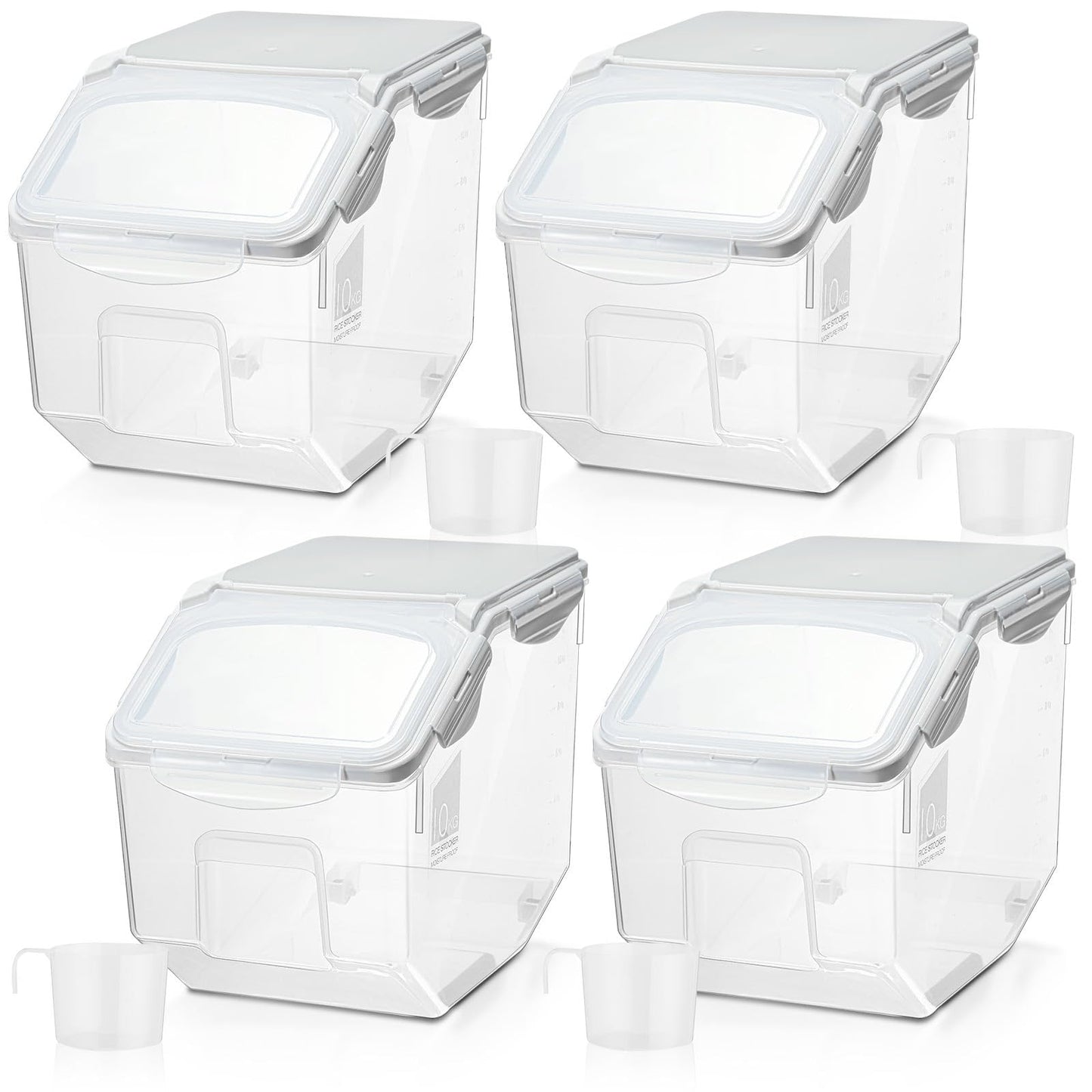 Umigy 4 Pack Rice Storage Container Flour Storage Bin with Wheels White Plastic Airtight Lid Boxes for Dog Pet Food Cereal Grain Dry Food (10 Liter / 20 lbs)