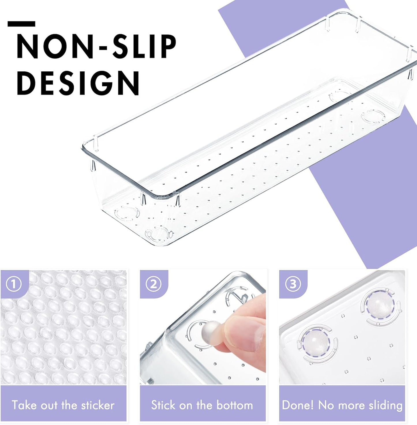 HOUSE DAY 8 PCS Desk Drawer Organizer Bins, 9*3*2" Clear Organizers with Silicone Pads for Makeup, Kitchen, Office