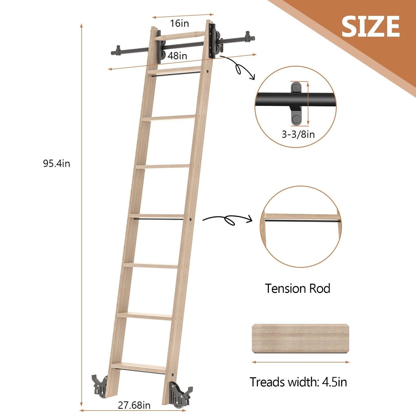 LKCBITION 95inch Oak Wood Ladder with 4ft Black Telescopic Roller Hardware on Sliding Library Ladder, Bottom Wheel with Brakes(Installation Height 89-3/4")