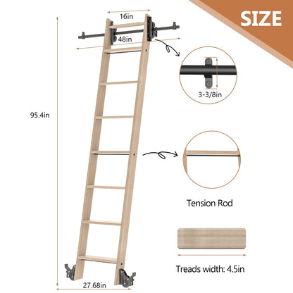 LKCBITION 95inch Oak Wood Ladder with 4ft Black Telescopic Roller Hardware on Sliding Library Ladder, Bottom Wheel with Brakes(Installation Height 89-3/4")