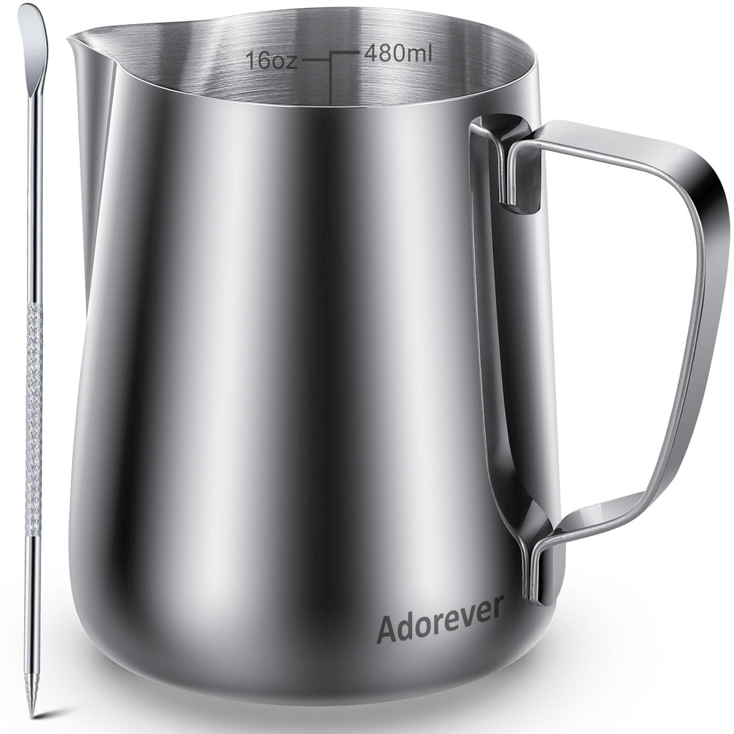 Adorever Milk Frothing Pitcher, 16oz 480ml Milk Frother Cup Stainless Steel Steaming Pitcher, Coffee Bar Cappuccino Espresso Machine Accessories Barista Tools, Steamer Cup Milk Jug with Latte Art Pen