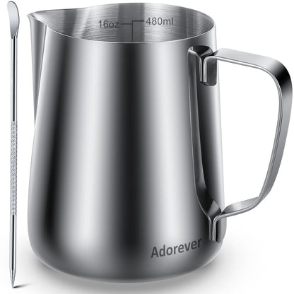 Adorever Milk Frothing Pitcher, 16oz 480ml Milk Frother Cup Stainless Steel Steaming Pitcher, Coffee Bar Cappuccino Espresso Machine Accessories Barista Tools, Steamer Cup Milk Jug with Latte Art Pen