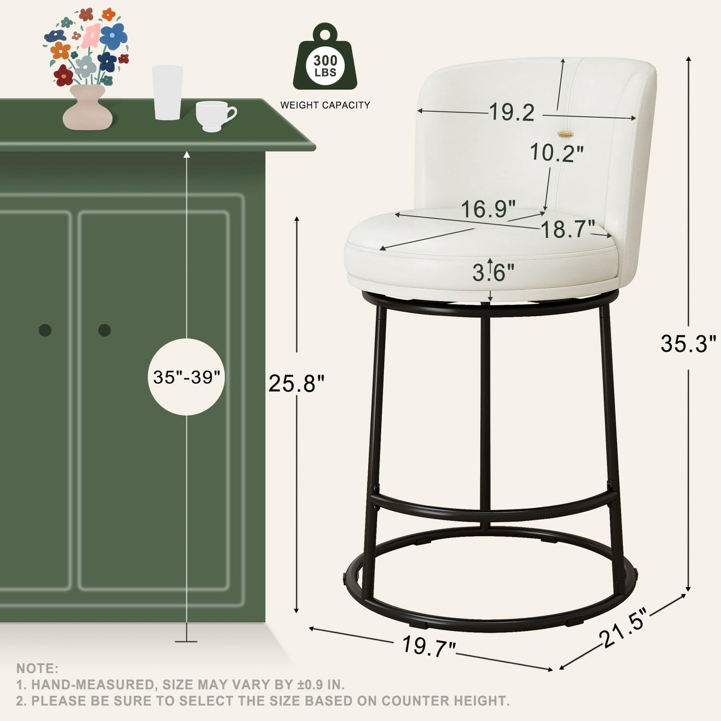 SAECKBERG Swivel Counter Height Bar Stools Set of 4, 26" H Modern Bar Stools for Kitchen Island Counter, Upholstered Barstools with Backs, Counter Height Chairs （White, Faux Leather）