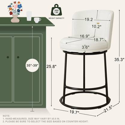 SAECKBERG Swivel Counter Height Bar Stools Set of 4, 26" H Modern Bar Stools for Kitchen Island Counter, Upholstered Barstools with Backs, Counter Height Chairs （White, Faux Leather）
