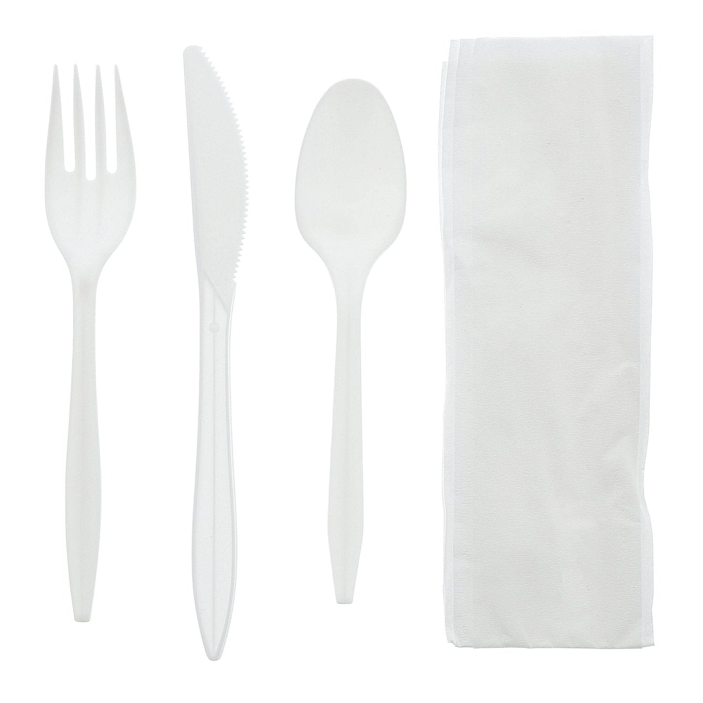 AmerCareRoyal 4-in-1 Disposable Silverware Medium Weight Plastic Utensil Set with Teaspoon, Fork, Knife and 12x13 inch Napkin - Individually Wrapped Cutlery Meal Kit, White, Case of 250