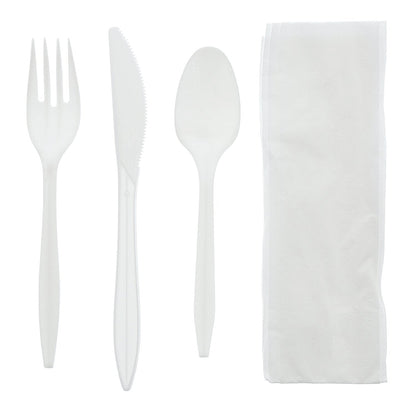 AmerCareRoyal 4-in-1 Disposable Silverware Medium Weight Plastic Utensil Set with Teaspoon, Fork, Knife and 12x13 inch Napkin - Individually Wrapped Cutlery Meal Kit, White, Case of 250