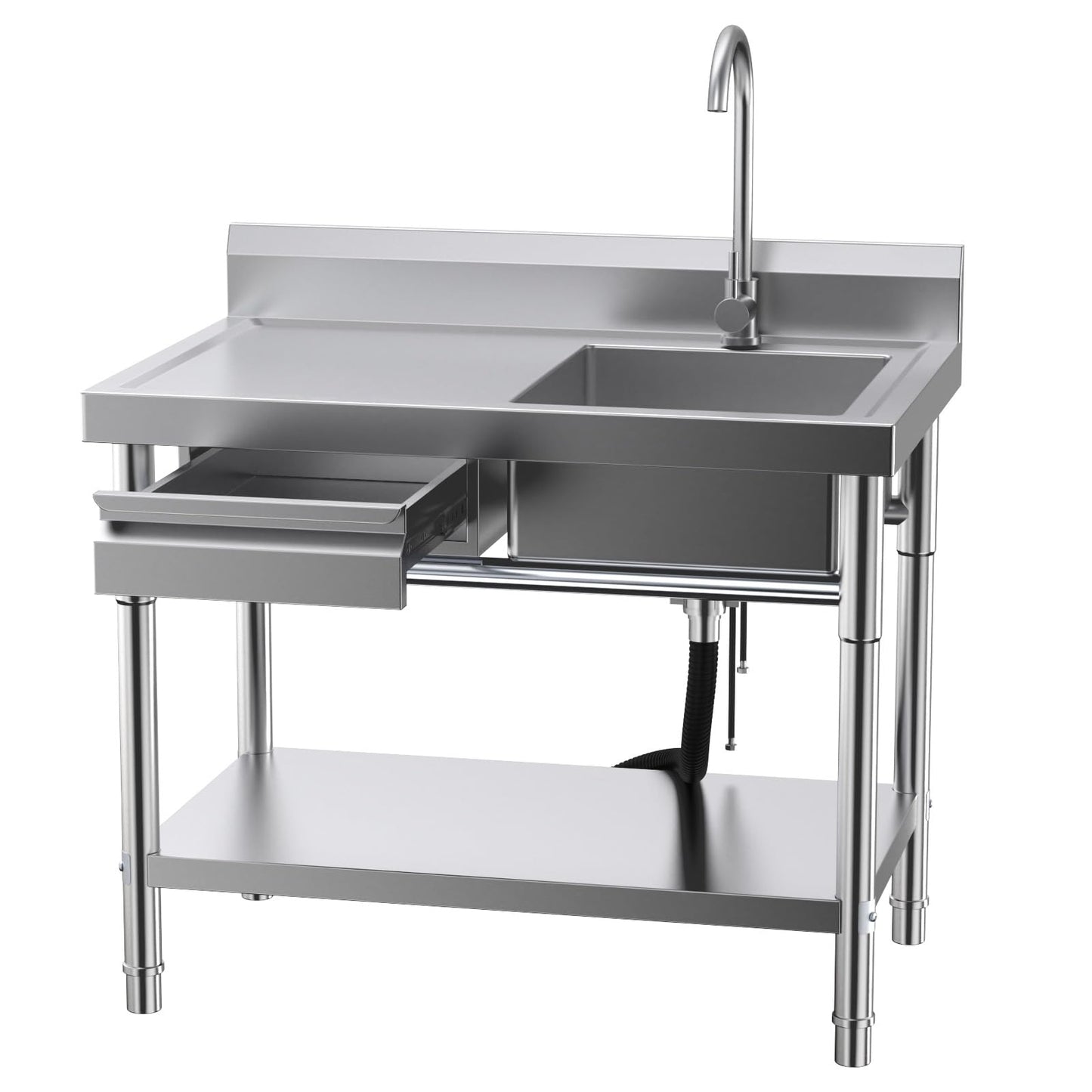 Stainless Steel Utility Sink, Commercial Kitchen Sink, 40'' Free Standing Single Bowl Sink with Drawer & Cold and Hot Water Pipe for Kitchen Laundry Room Farmhouse Indoor and Outdoor