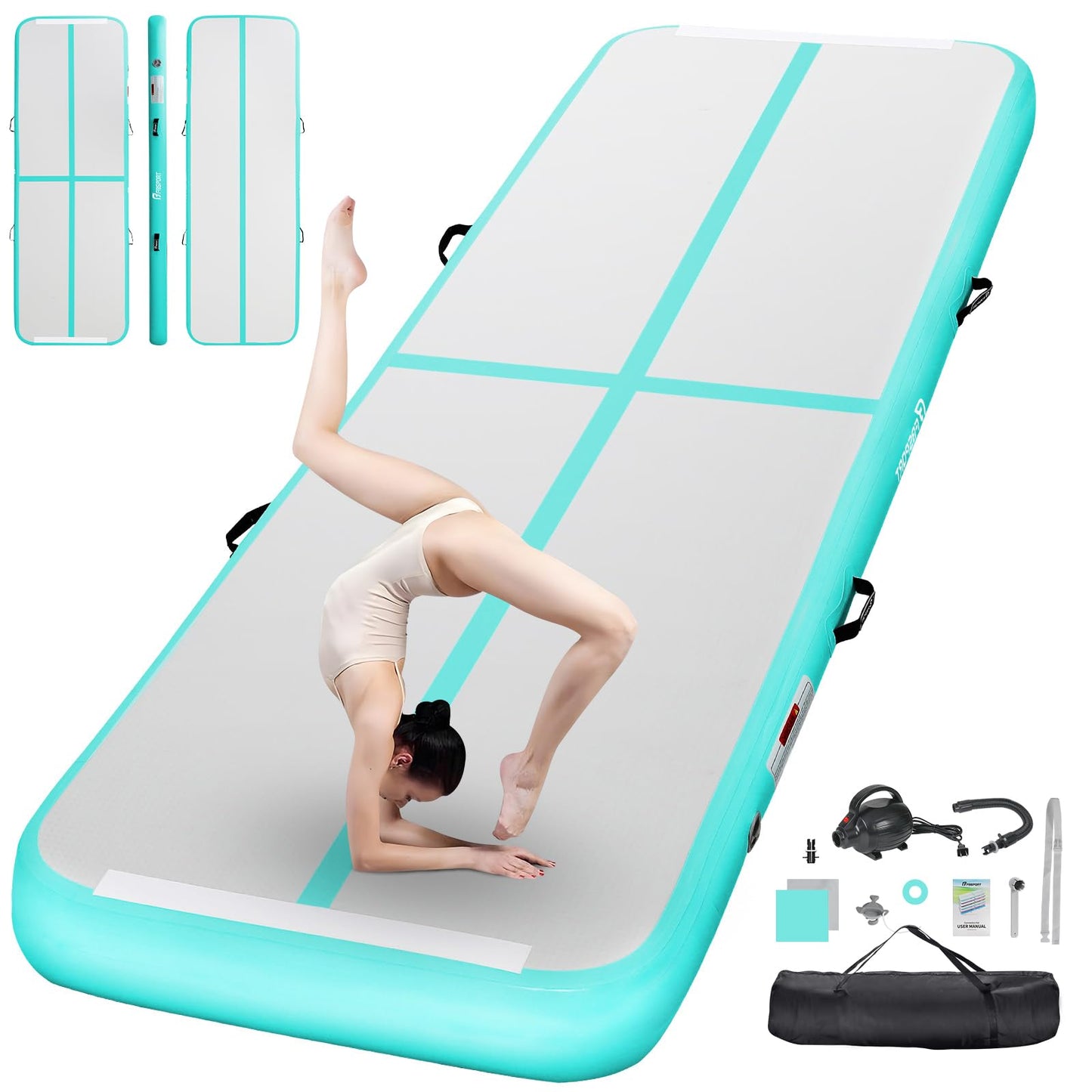 FBSPORT 20ft Inflatable Air Gymnastics Mat Training Mats 4 inches Thickness Gymnastics Tracks for Home Use/Training/Cheerleading/Yoga/Water with Pump