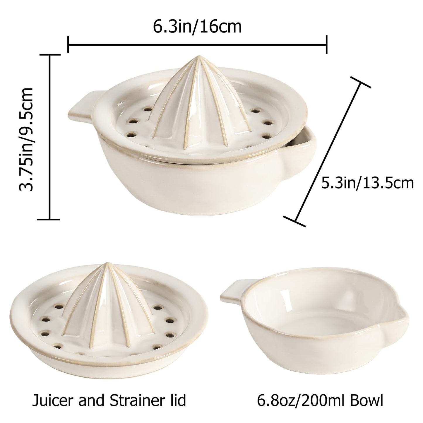 Ceramic Citrus Lemon Orange Juicer Manual Squeezer, Hand Juicer Reamer Rotation Press with 6.8oz Bowl, Strainer Lid, Spout, Handle, Dishwasher Safe, Easy to Clean