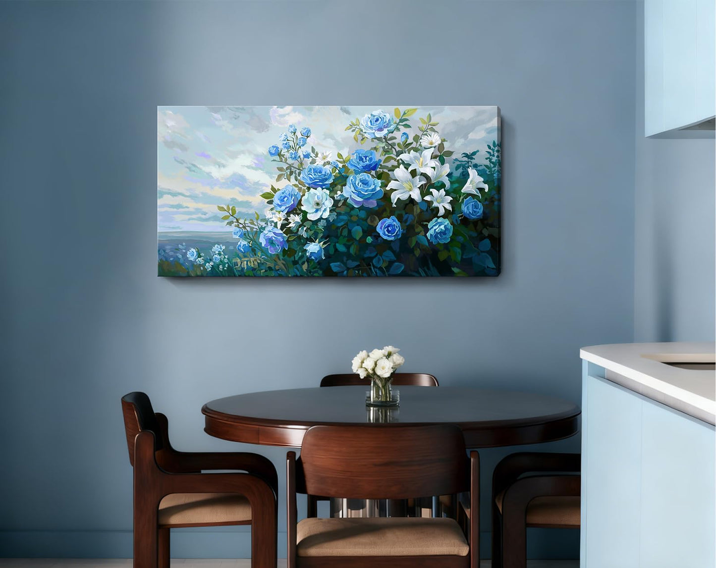 NiceTop 48x24 Inch Large Floral Canvas Wall Art, Waterproof Moisture Resistant Blue Rose White Lily Modern Botanical Artwork with Hanging Kit, Abstract Aesthetic Wrapped Canvas Print for Living Room, Bedroom, Bathroom, Boho Farmhouse Home Decor