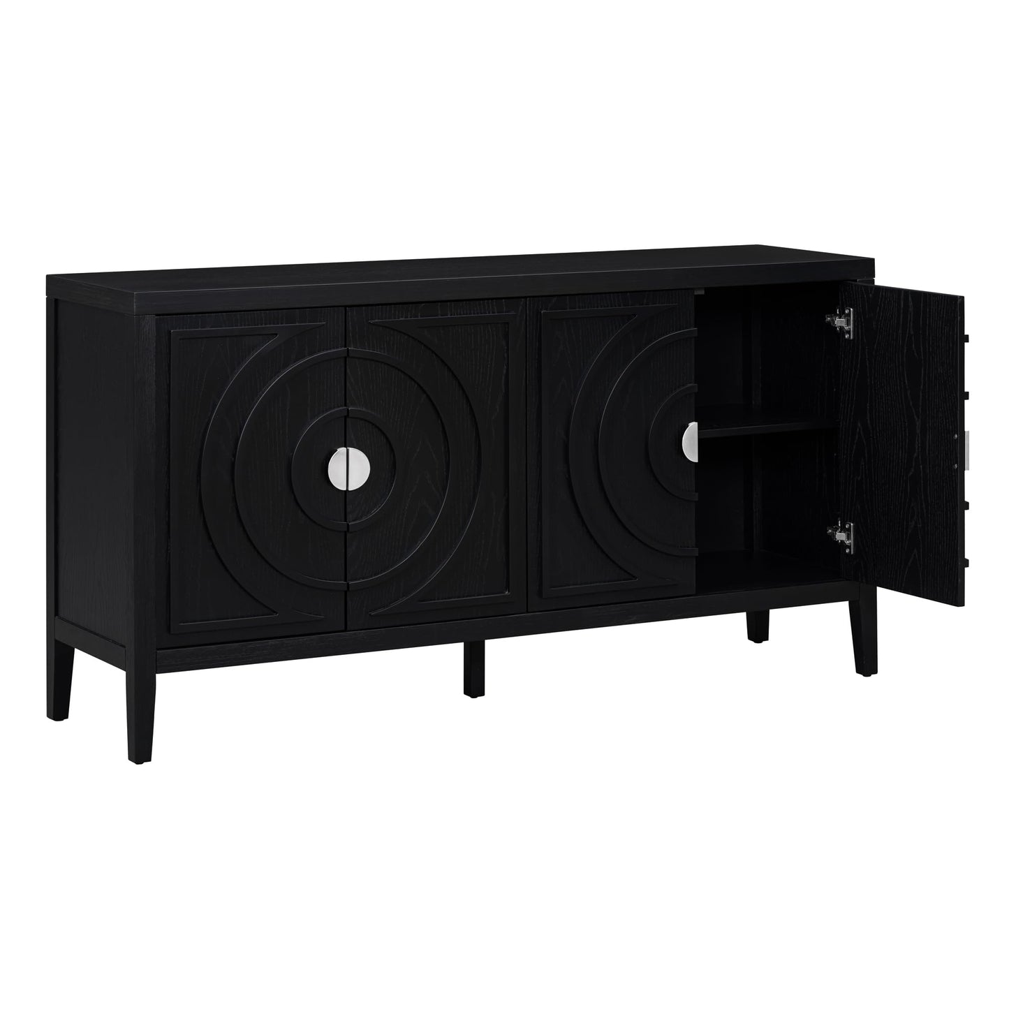 Jintop Retro Sideboard with Circular Groove Design Round Metal Door Handle,Wooden Buffet Cabinet,W/Adjustable Shelves & Open Countertop,for Entrance Living Dinning Room,Black