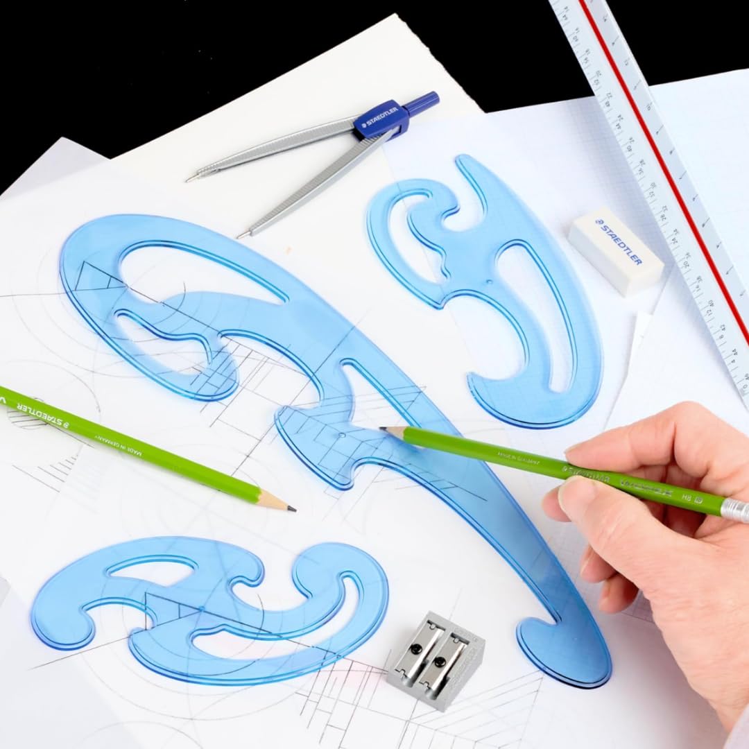 STAEDTLER Mars Professional French Curve Design Ruler Set for Pattern Making 12-Pack (6 Sets of 3 pcs), 3 Essential A B C Shapes, Blue Transparent Plastic with Inking Edge, 18 Count
