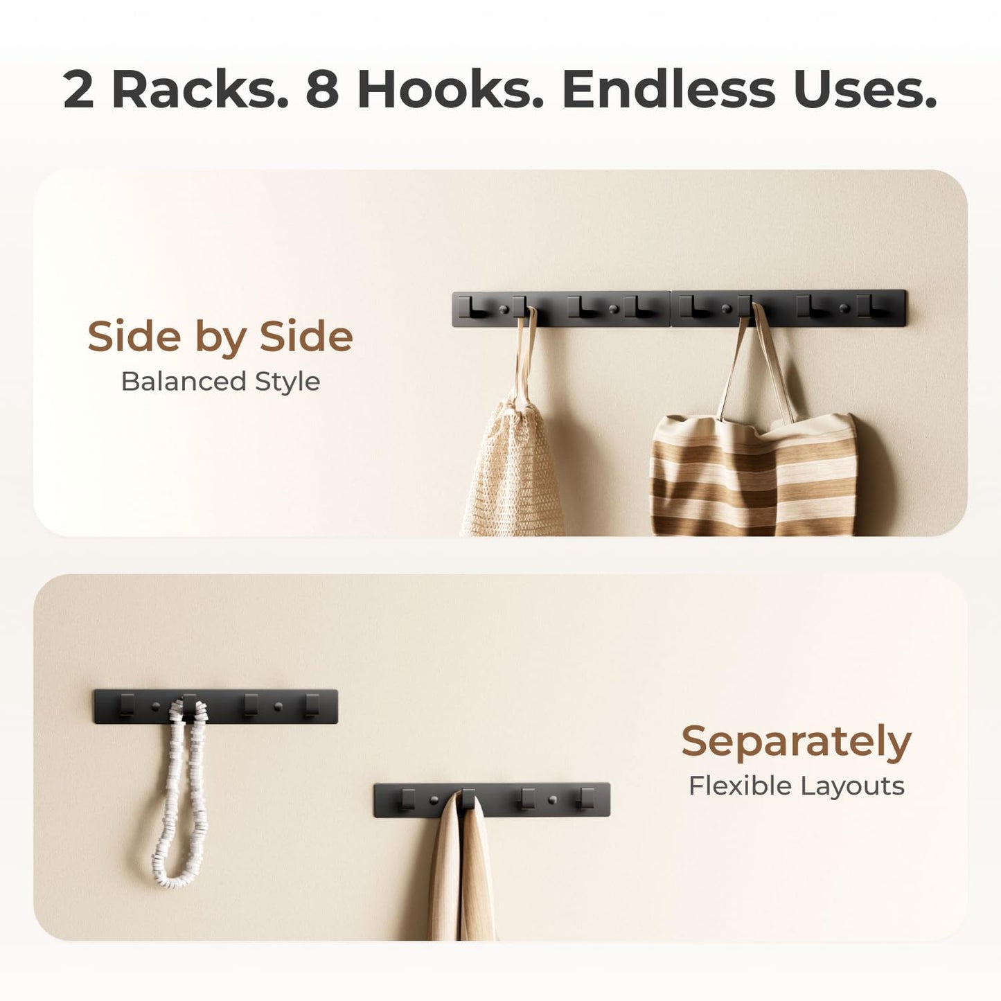GWAAZXGZ Black Wall Mounted Coat Rack- 2 Modular Rails (25'' Total), 8 Right-Angle Hooks, Modern Organizer for Entryway, Bathroom, Bedroom, Holds Coats, Towels, Hats