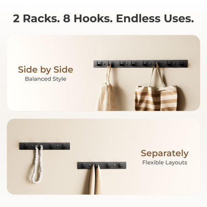 GWAAZXGZ Black Wall Mounted Coat Rack- 2 Modular Rails (25'' Total), 8 Right-Angle Hooks, Modern Organizer for Entryway, Bathroom, Bedroom, Holds Coats, Towels, Hats