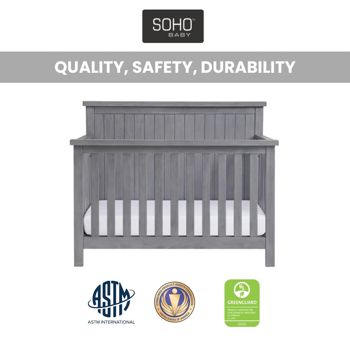 Soho Baby Everlee 4-in-1 Convertible Crib, Graystone