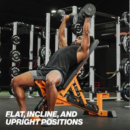 Titan Fitness TITAN Series Orange Adjustable Bench, Supports 600 LB Incline, 1,000 LB Flat, Versatile Single Post Utility Workout Bench for Home Gym, Weightlifting, Strength Training