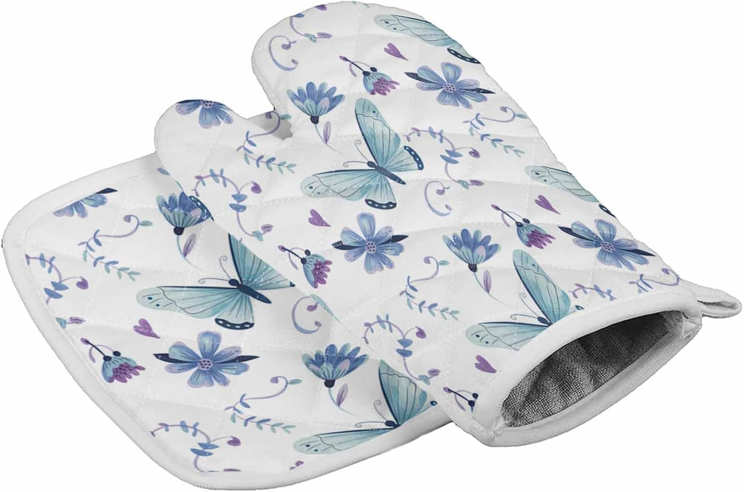 Chic D Kitchen Oven Mitts Gloves and Pot Holders Sets, Blue Butterfly Flowers Heat Resistant Non-Slip for Cooking, BBQ,