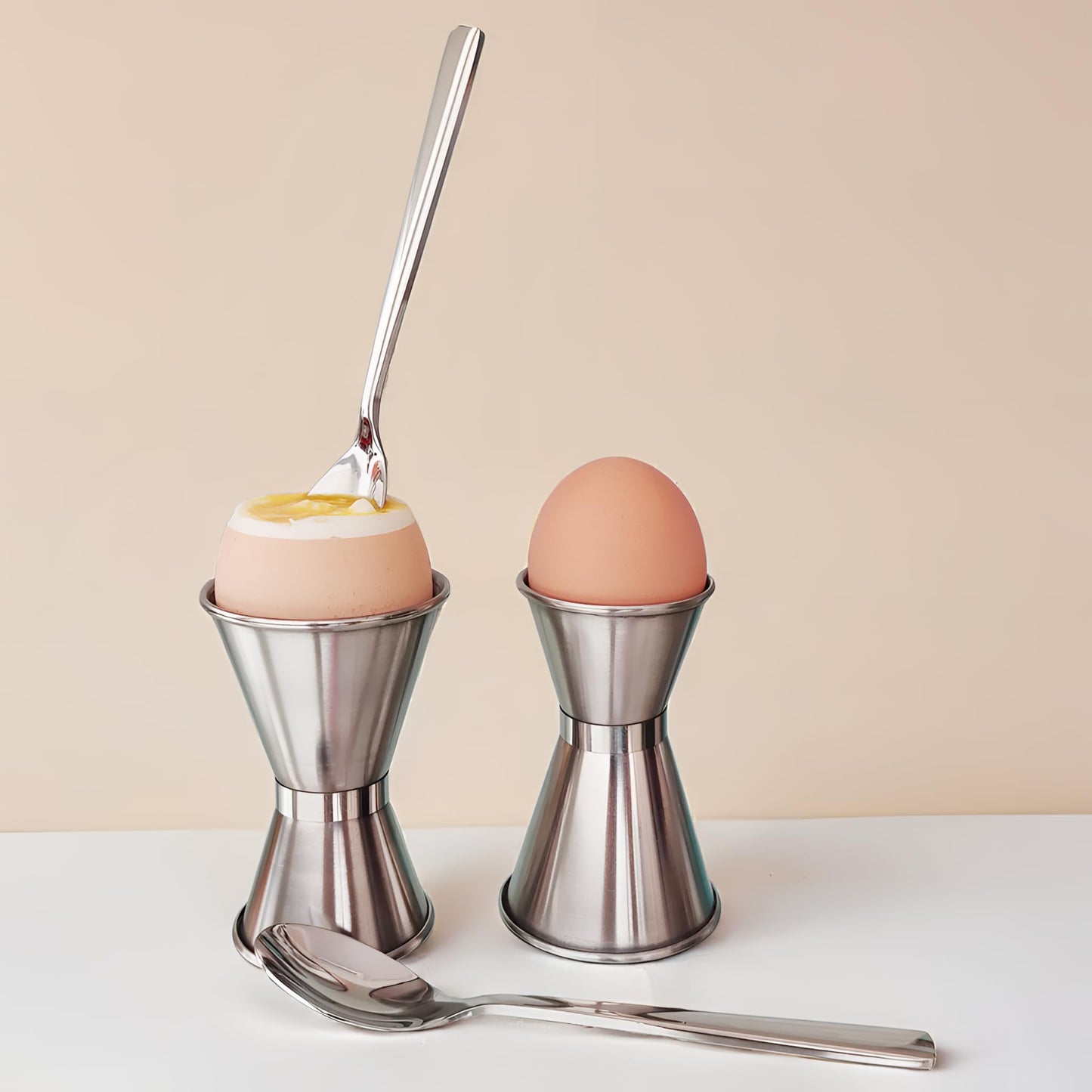 NobleEgg Egg Cups for Soft Boiled Eggs, All Sizes, Topper, Spoons, 18/8 Stainless Steel, Set for 2