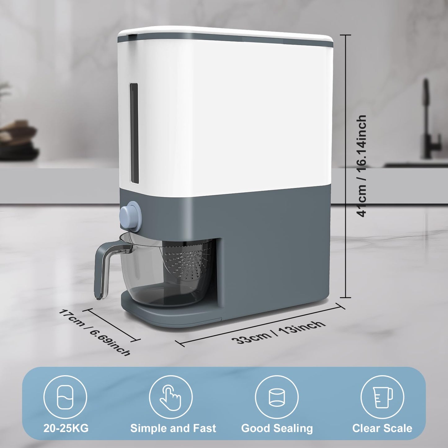 YENXIKU 25 Lbs Cereal & Rice Dispenser - Airtight Countertop Storage Container for Kitchen & Pantry