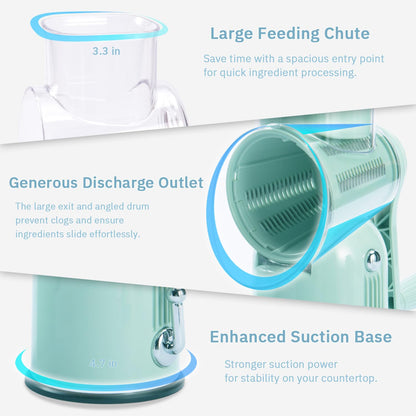 ENERGEVITY Manual Rotary Cheese Grater with Handle, 5 in 1 Replaceable Stainless Blades Cheese Shredder,Strong Suction Base Vegetable Slicer with Cleaning Brush & Bonus Storage Box for Blades (green)