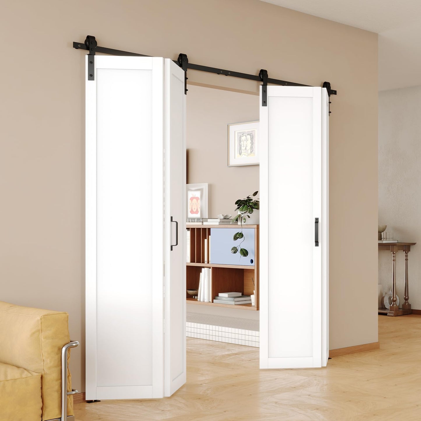 SOLRIG Bifold Barn Door, 1-Panel Sliding Barn Door for 30"（15" x2） x 84" Openings, Interior Folding Door with Sliding Hardware Kit Set, Finished Closet Door Slab, 2.83FT Track for 2 Doors, MDF, White