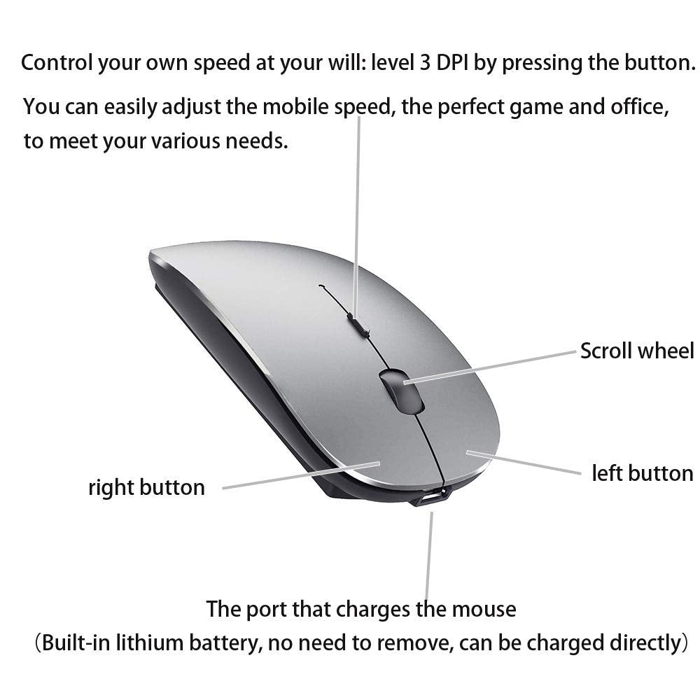 Bluetooth Wireless Mouse for Laptop mac MacBook ipad MacBook air MacBook pro pc Desktop Computer Windows Chromebook Notebook (Silver)
