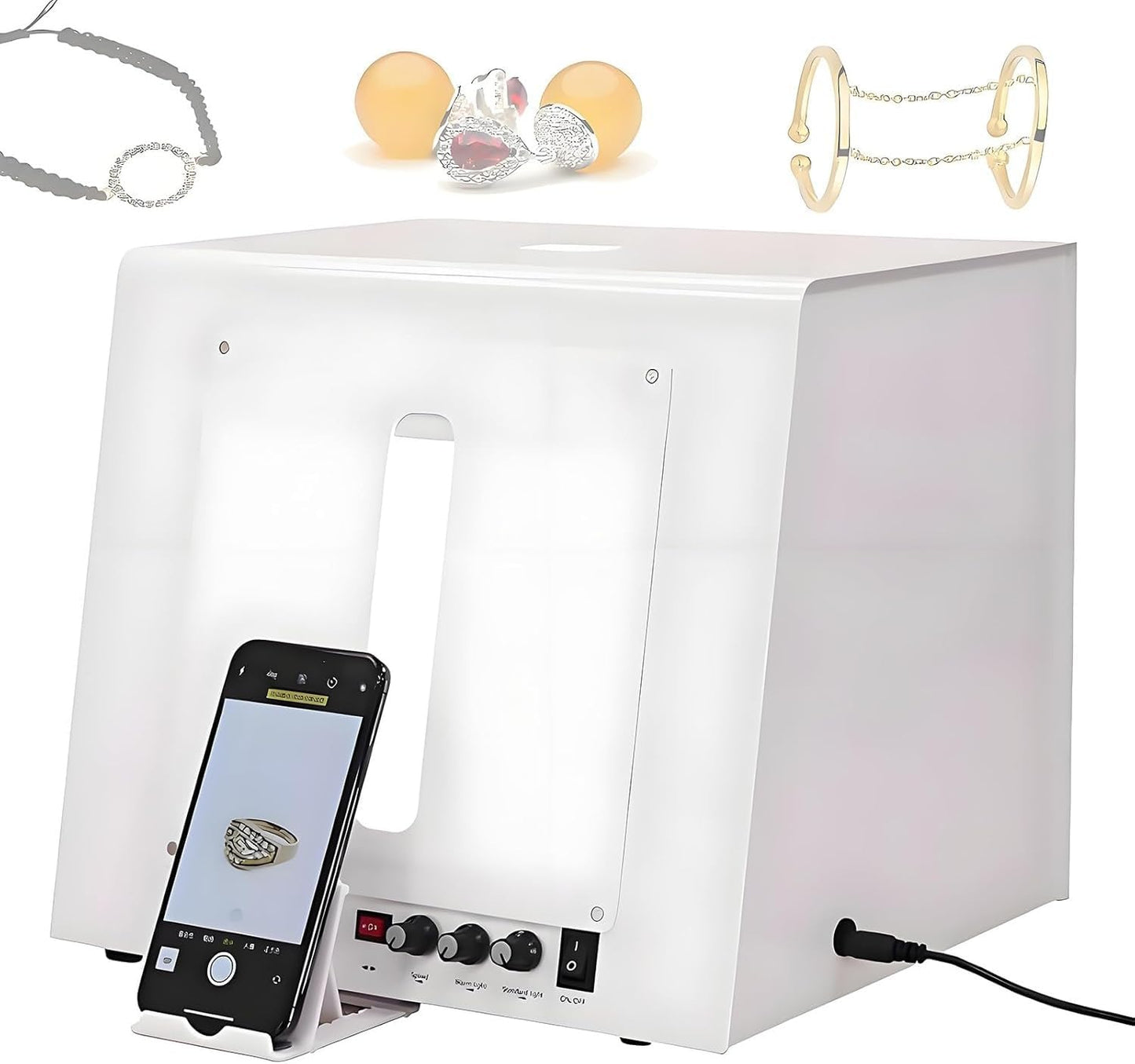 EXSHUING Jewelry Hanging Photography Kit, Product Photography Box – 360° Rotating & Hanging Support, 4 Led Fill Lights, Dimmable Brightness, 3000-5500k, 1kg/2.2lbs Turntable, Rings, Necklaces(TB30)