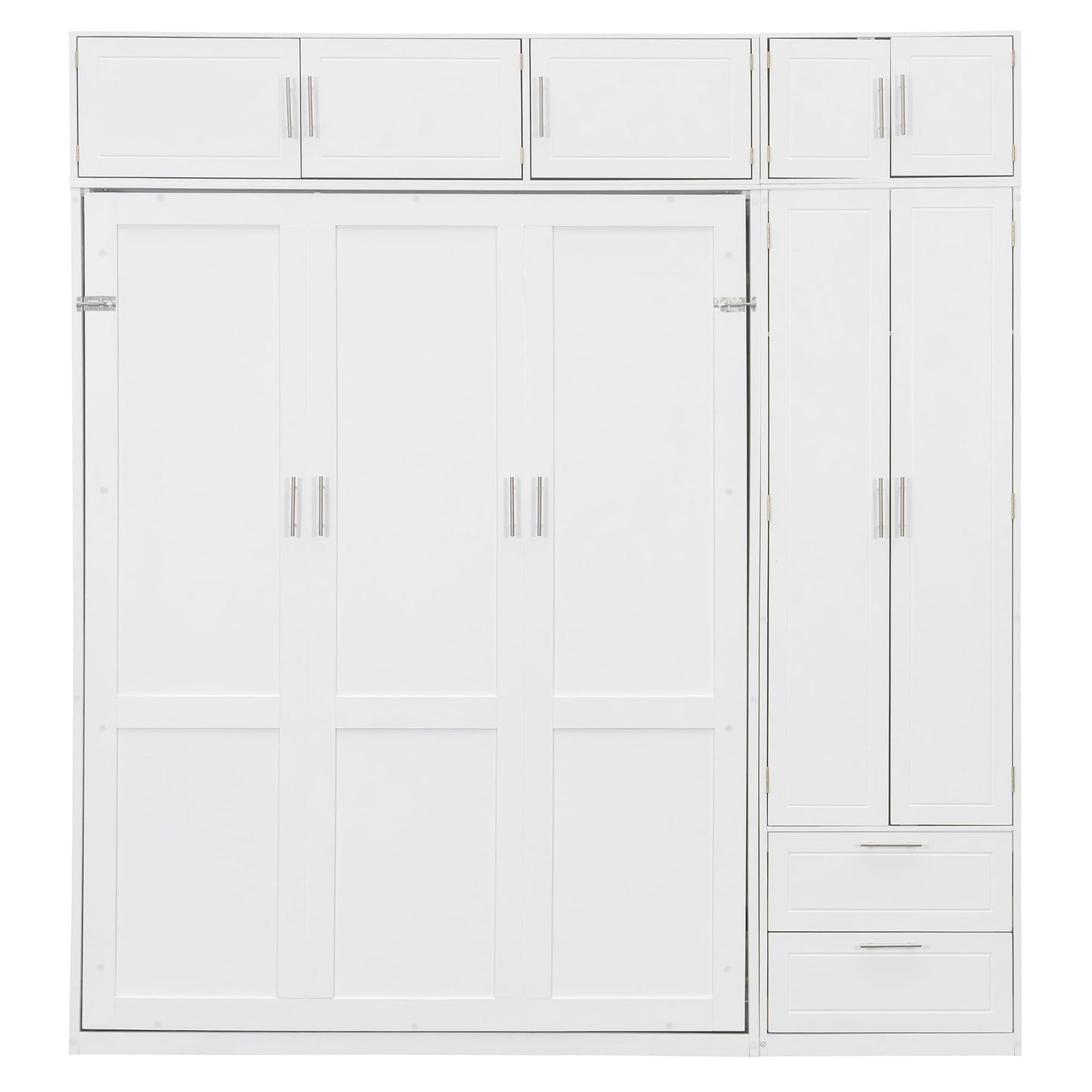 Merax Queen Size Murphy Bed with Top Cabinet, Shelves and Wardrobe, Fold into The Wall, Space-Saving Design, Multifunctional Foldable Platform Bed Frame for Bedroom, Guest Room, Home Office, White