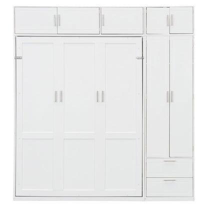 DNYN Murphy Bed Frame with Top Cabinets and Wardrobe for Bedroom/Guest Room/Home Office, Queen Size Foldable Wall Bed with Storage Drawers and Shelves, No Box Spring Needed