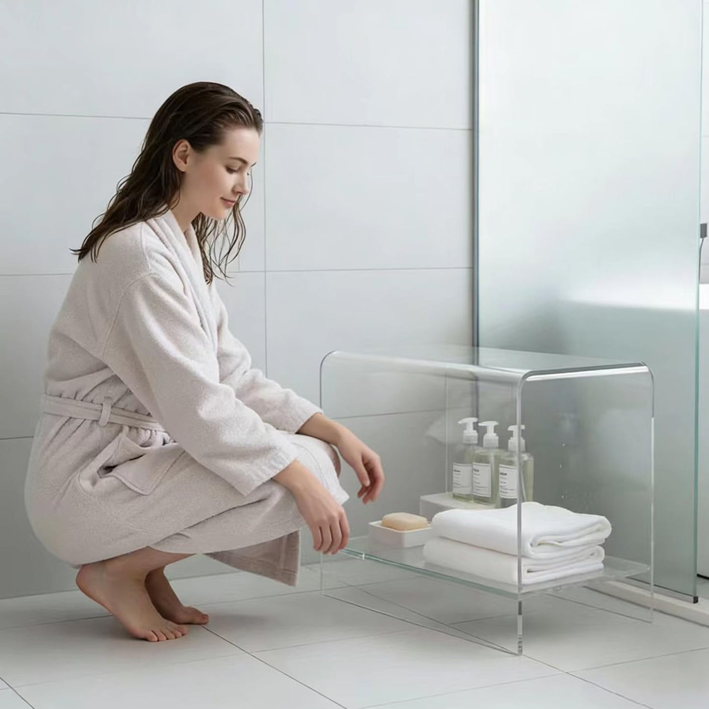 GETCK 21" Acrylic Shower Stool with Storage Shelf - Waterproof Bath Bench for Spa & Shower, Heavy-Duty Seating (Holds 400lbs) - Ideal for Shaving Legs & Organizing Items