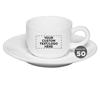 Custom Porcelain Espresso Cups with Saucer 2.5 oz. Set of 50, Personalized Bulk Pack - Perfect for Coffee, Tea, Espresso, Hot Cocoa, Other Beverages - White