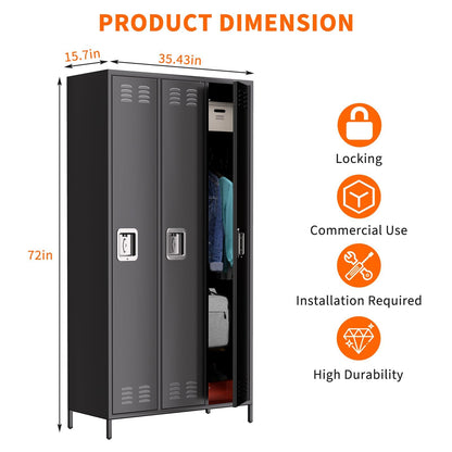 MERXENG Metal Storage Locker with 3 Doors, Metal Locker for Employees with 9 Hooks for Garage School Office Gym Home, Assembly Required, Black