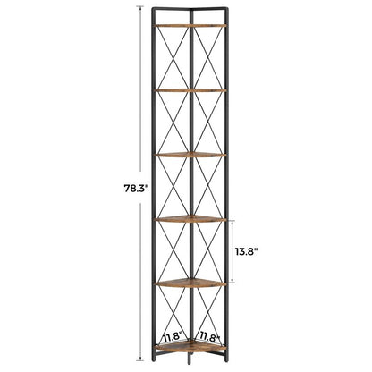 Cerlyunzan 6 Tier Corner Shelf Stand, 78" H Tall Industrial Corner Bookshelf for Living Room Decor, Metal Corner Shelf, Plant Stand Display Shelf for Bedroom, Bathroom, Small Space, Rustic Brown