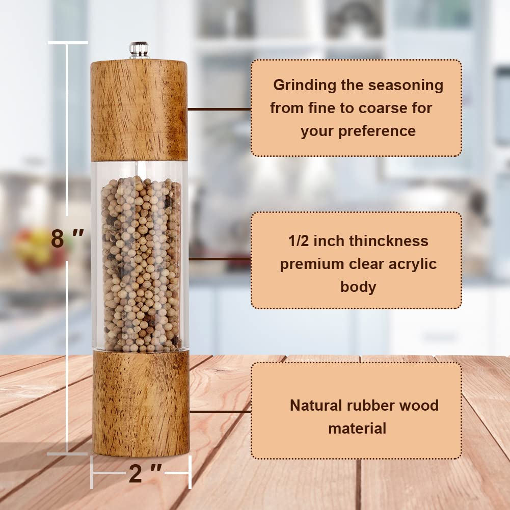 XWXO Premium Acrylic Salt and Pepper Grinder Set, Manual Salt and Pepper Mills- Wooden Shakers with Adjustable Ceramic Core-Salt Grinder and Pepper Mill -8 Inches-Pack of 2