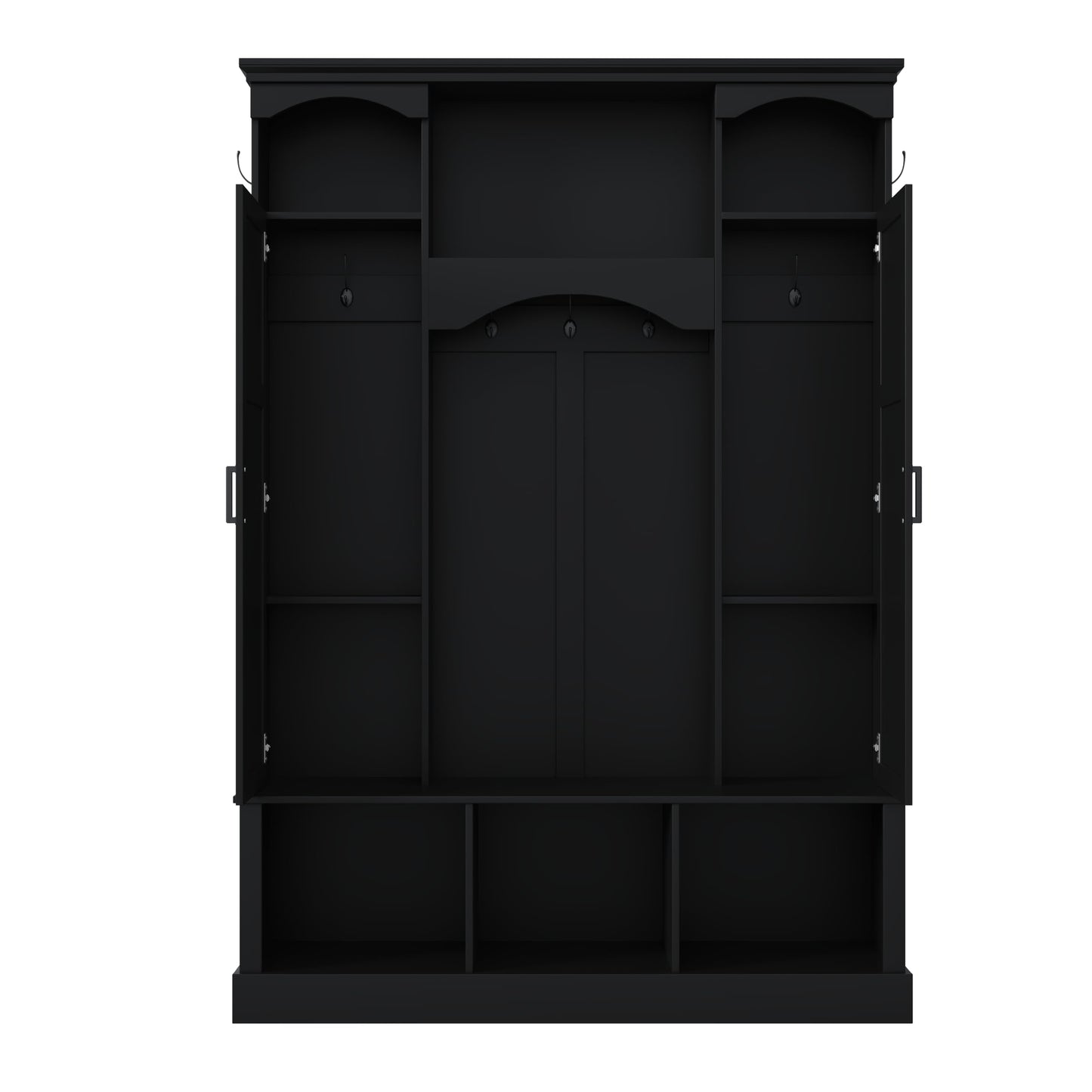 FILWY ON-Trend Modern All-in-One Hall Tree with Adjustable Shelves, Classic Arched Farmhouse Storage Bench with Dual Side Cabinets, Elegant Entryway Organizer with 7 Hooks for Mudroom, Hallway