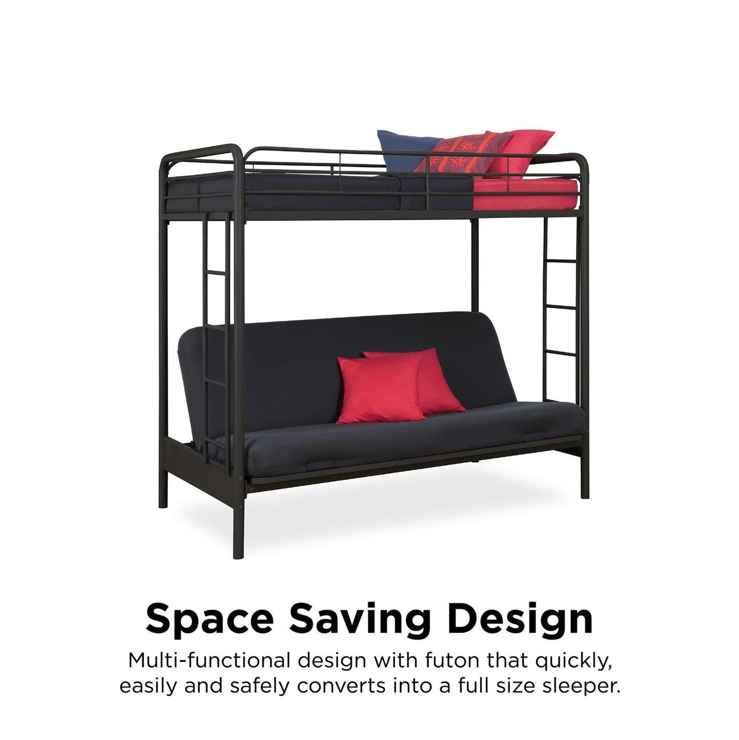 DHP Twin-Over-Futon Convertible Couch and Bed with Metal Frame, Ladder and Guardrails - Black