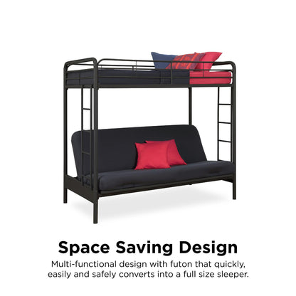 DHP Twin-Over-Futon Convertible Couch and Bed with Metal Frame, Ladder and Guardrails - Black