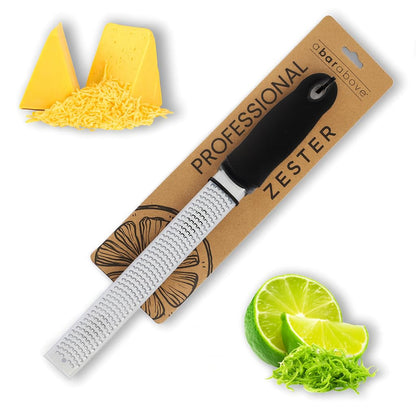 A Bar Above Lemon Zester and Cheese Grater, Professional 12 Inch Stainless Steel Hand Grater for Citrus, Parmesan, Ginger, Chocolate, Ergonomic Handle, Dishwasher Safe, Perfect Kitchen Gadget, Black