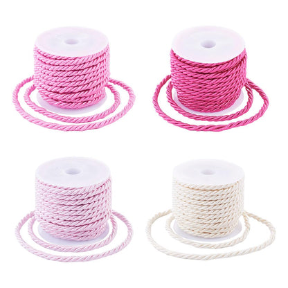 FASHEWELRY 4 Rolls 3mm Pink Twisted Twine Cord Polyester Braided Rope Decorative Thread Strings for Graduation Honor Cord Upholstery Curtain Tieback Home Decoration Bracelet Jewelry Making