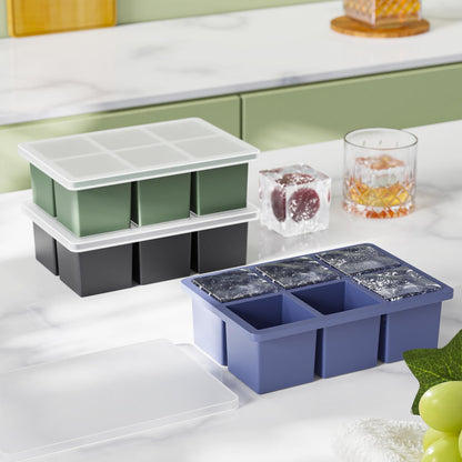 Large Ice Cube Tray for Whiskey: 2" Big Silicone Ice Tray with Lid for Whisky - 3Pack Old Fashioned Ice Cube Trays for Cocktail - Huge Square Cubed Bourbon Ice Cube Maker