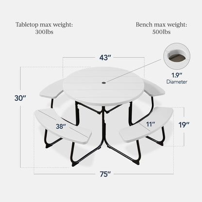 Best Choice Products 8-Person Outdoor Bench Patio Picnic Table, Circular w/ 4 Built-in Benches and Umbrella Hole, 2000lb Capacity - White