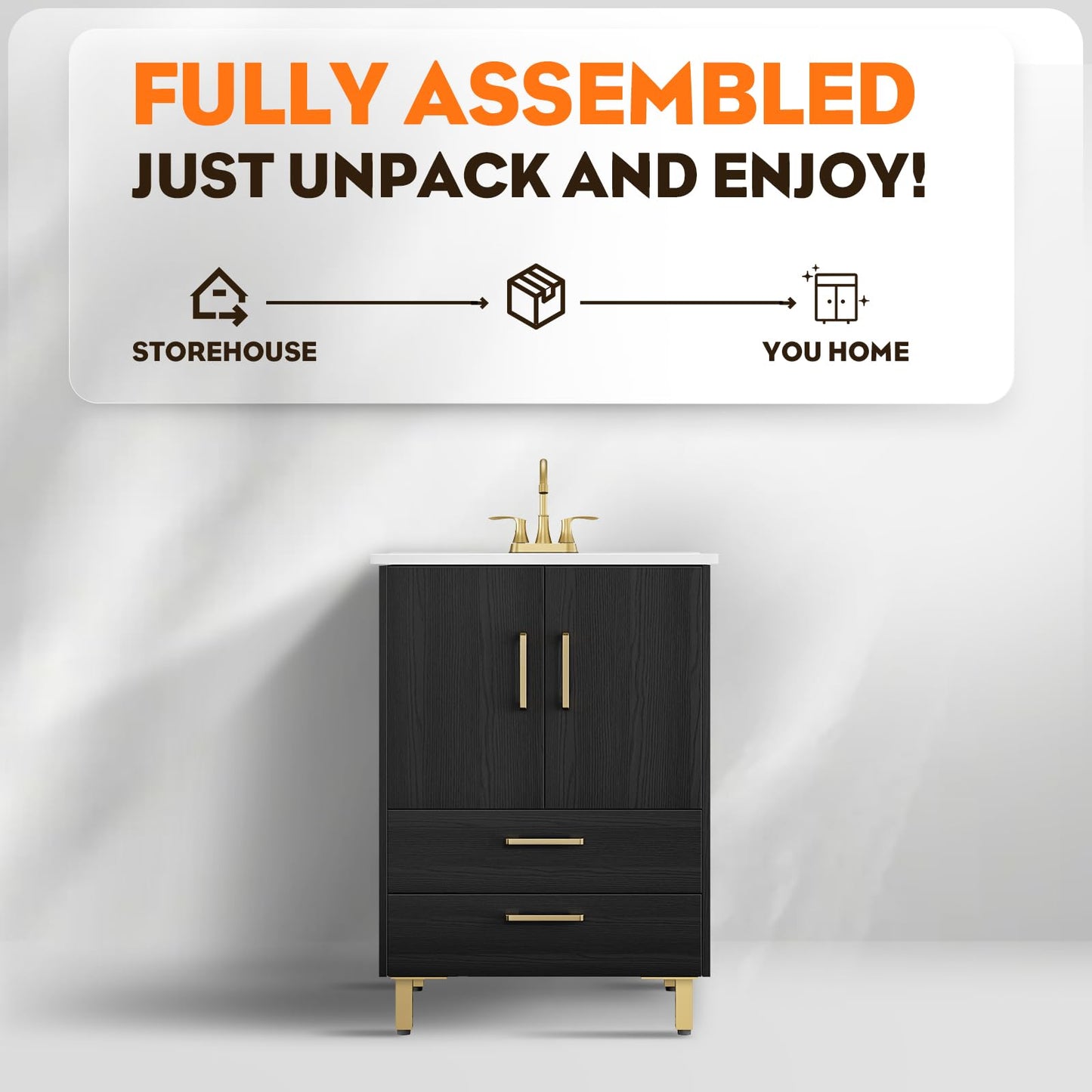 phiestina Fully Pre-Assembled Black 24 inch Bathroom Vanity with Sink, 2 Soft Close Doors and 2 Drawers Bathroom Storage Cabinet Set, with 3 Holes Single Ceramic Sink Combo, Faucet Not Included