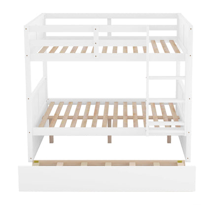 Full Over Full Bunk Bed with Trundle, Wooden Trundle Bed Frame with Ladder Safety Guardrail, Convertible to 2 Platform Beds for Kids Teens, White