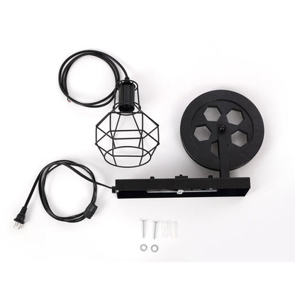 BAODEN Plug in Wall Sconce Rustic Wall Light Lift Pulley Matte Iron Cage Shade Metal Black Industrial Mid Century Wall Lamp Indoor Lighting Barn Restaurant