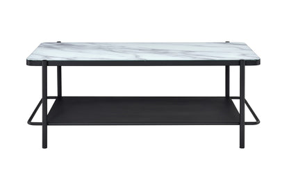 Furniture of America Basil Industrial 1-Shelf, Faux Marble Top Steel 48 in. Rectangle Coffee Table for Living, Bedroom, Reception Room, Black and White